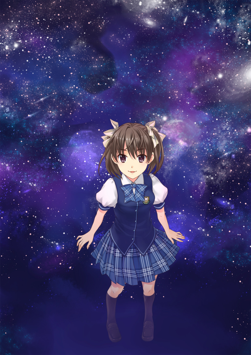 1girl black_eyes black_hair bow bowtie commentary_request ever_17 full_body hair_ribbon highres kneehighs looking_at_viewer matsunaga_sara parted_lips ribbon short_hair skirt smile socks solo space star_(sky) takigawa_yuu two_side_up vest