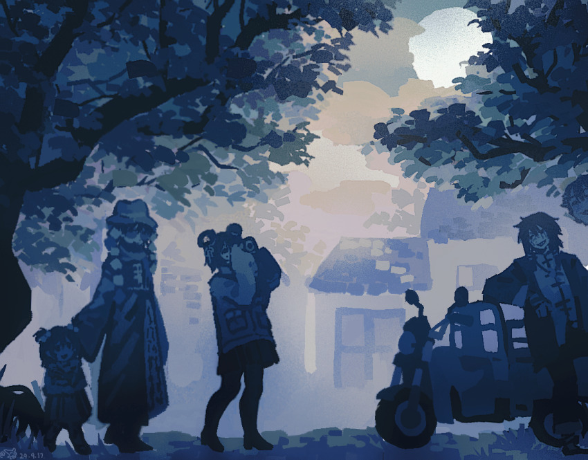 2boys 2girls blue_theme child chinese_commentary coat commentary_request dated dress full_body full_moon grin gugugudeguji hair_bobbles hair_bun hair_ornament hair_rings hat huai_huizhi huai_yunqing jacket li_yuting_(female) long_sleeves miniskirt mole mole_under_eye monochrome moon motor_vehicle motorcycle multiple_boys multiple_girls night open_clothes open_jacket open_mouth outdoors pants pleated_skirt short_twintails single_hair_bun single_hair_ring skirt smile touqi_guaitan tree twintails wide_sleeves ziche_fuzhao