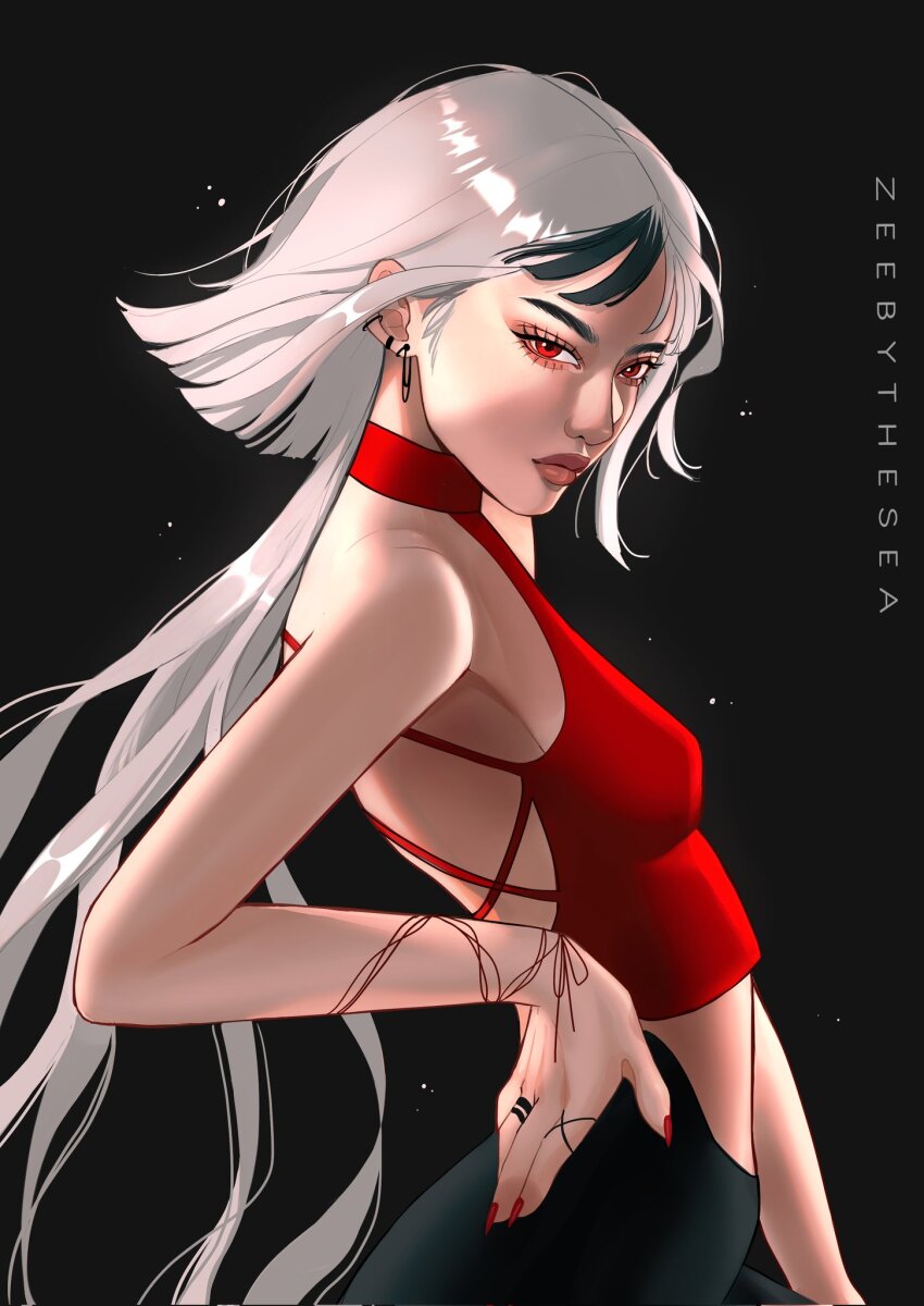 1girl artist_name asian black_background black_leggings black_streaks bob_cut bracelet breasts cowboy_shot crop_top ear_piercing eyelashes fashion fingernails floating_hair from_side hand_on_own_hip highres jellyfish_cut jewelry kira_(zeebythesea) leggings light_particles long_fingernails long_hair looking_at_viewer medium_breasts midriff modeling nail_polish original piercing red_eyes red_nails red_shirt ring safety_pin_earring shirt single_hair_streak sleeveless sleeveless_turtleneck thick_eyebrows thick_lips turtleneck white_hair zeebythesea