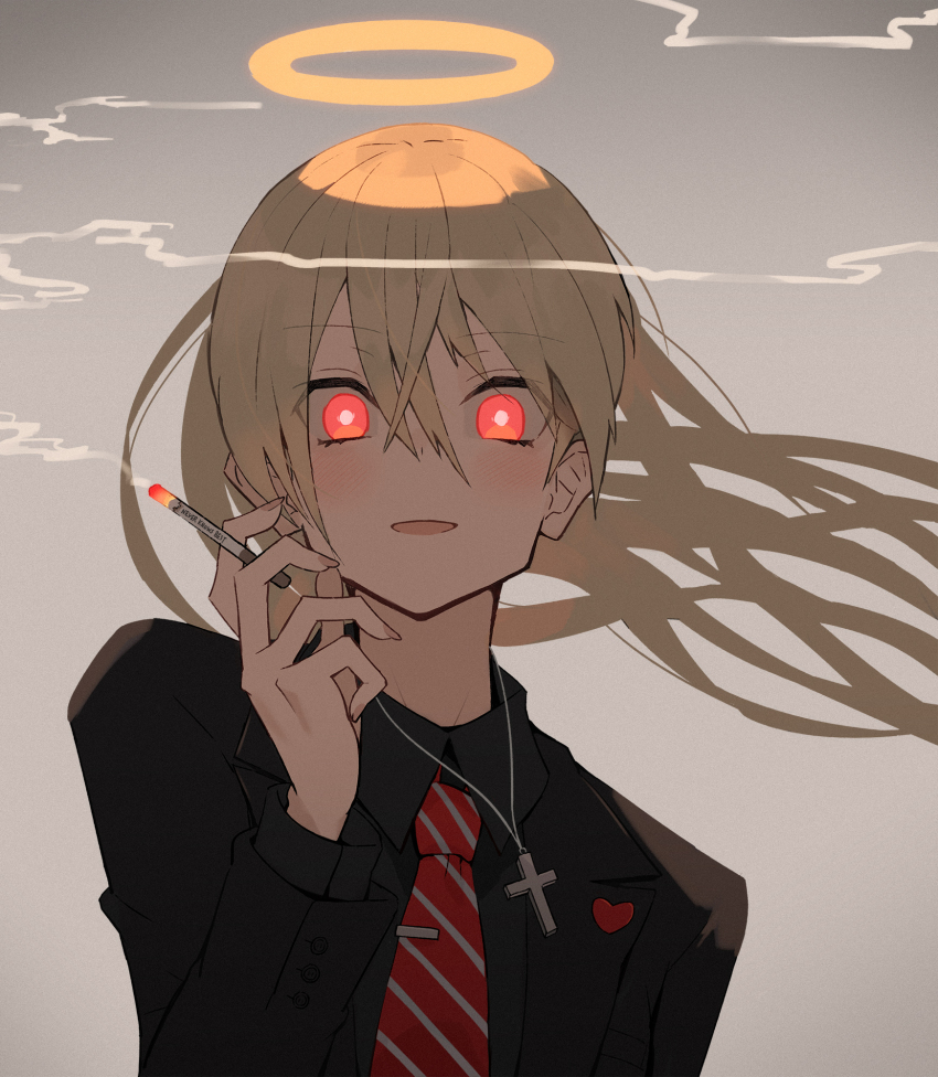 1girl angel black_shirt blonde_hair bright_pupils cigarette collared_shirt cross cross_necklace halo highres holding holding_cigarette jewelry katsu_(katsupainter) long_hair looking_at_viewer necklace necktie original parted_lips red_eyes red_necktie shirt smoke smoke_trail solo striped_necktie traditional_halo upper_body white_pupils