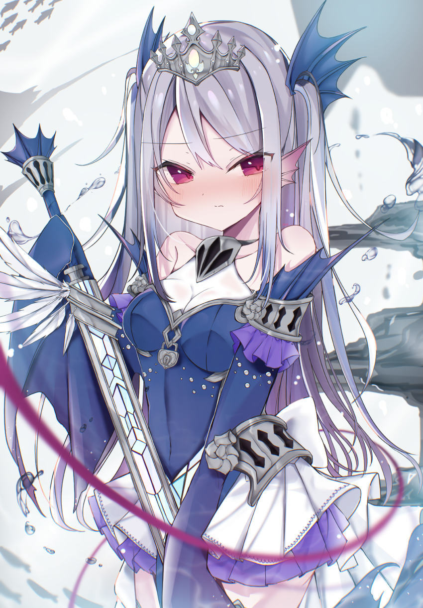 1girl absurdres asuku bare_shoulders blush breasts cleavage closed_mouth collarbone covered_navel detached_sleeves duel_monster fish_girl grey_hair hair_between_eyes highres holding holding_sword holding_weapon lock long_sleeves medium_breasts pink_eyes simple_background skirt sleeves_past_wrists solo sword tearlaments_scheiren tiara twintails water weapon white_skirt yu-gi-oh!