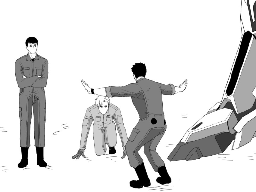 4boys ao_isami bravern facial_hair facing_away from_behind highres lewis_smith male_focus mecha meme multiple_boys no_mouth oshime321 outstretched_arms pants parody prattkeeping_(meme) robot ryuji_satake shoes short_hair sideburns_stubble sideways_glance simple_background spread_arms standing stubble super_robot thick_eyebrows yuuki_bakuhatsu_bang_bravern