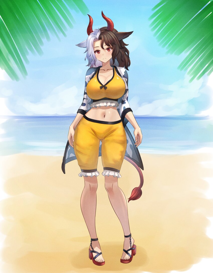 1girl absurdres animal_ears animal_print beach black_hair blue_sky blush breasts cleavage closed_mouth cloud collarbone commentary contrapposto cow_ears cow_girl cow_horns cow_print cow_tail full_body haori highres horizon horns japanese_clothes large_breasts looking_at_viewer medium_hair mikotouca multicolored_hair navel ocean outdoors palm_tree parted_bangs red_eyes red_horns sandals shorts sky solo sports_bra standing tail touhou tree two-tone_hair ushizaki_urumi variant_set white_hair yellow_shorts yellow_sports_bra