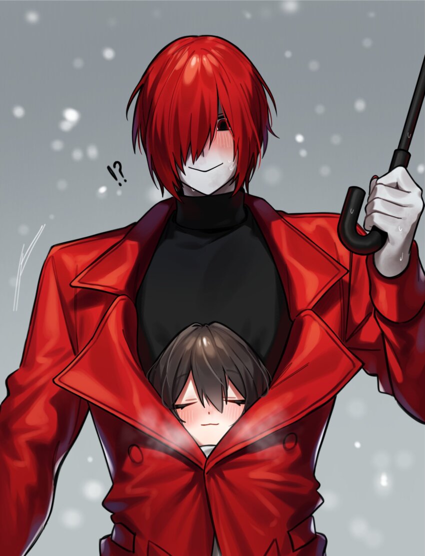 1boy 1girl :3 absurdres blush breath brown_hair closed_eyes coat commentary_request grey_background hair_over_one_eye heroine_(homicipher) hetero highres holding holding_umbrella homicipher korean_commentary looking_at_another mr._scarletella myam_(123ab456c) outdoors red_coat red_hair shared_clothes shared_coat short_hair snow turtleneck umbrella upper_body