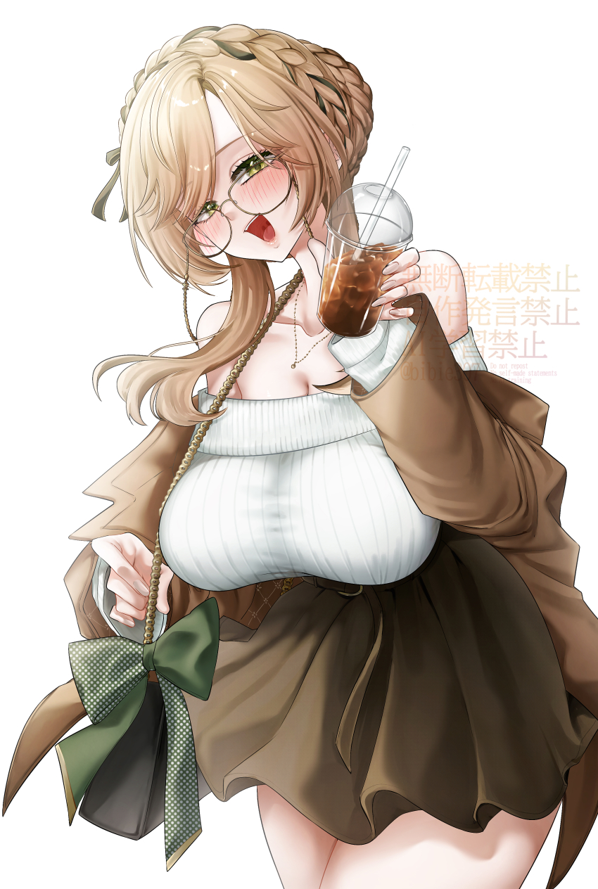1girl absurdres ade_(maid_in_spring)_(nikke) ade_(nikke) asymmetrical_bangs bag bead_necklace beads belt bibie307 black_bag bow braid braided_bun breasts brown-framed_eyewear brown_belt brown_coat brown_nails brown_skirt chain chinese_text cleavage coat collarbone commentary cowboy_shot crown_braid cup disposable_cup drinking_straw eyewear_strap glasses goddess_of_victory:_nikke gold_chain green_bow green_eyes hair_bun hair_over_shoulder hand_up handbag head_tilt highres holding holding_bag holding_cup huge_breasts jewelry long_hair long_sleeves looking_at_viewer nail_polish necklace off-shoulder_sweater off_shoulder open_mouth polka_dot polka_dot_bow ribbed_sweater ribbon_braid round_eyewear shoulder_bag simple_background skirt smile sweater sweater_tucked_in tea teeth thighs twitter_username upper_teeth_only uvula watermark white_background white_sweater