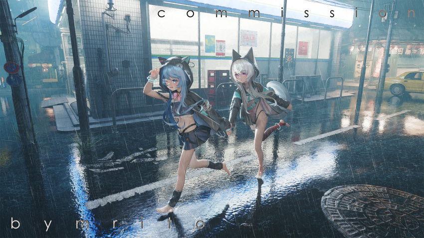2girls animal_ear_hood animal_ears anklet artist_name barefoot black_jacket blue_eyes blue_hair blue_skirt bow bowtie car city commentary commission convenience_store english_commentary english_text fake_animal_ears feet ford_crown_victoria ford_crown_victoria_(2nd_generation) grey_hair highres holding_hands hood hooded_jacket jacket jewelry lamppost legs midriff motor_vehicle mr_ito multiple_girls navel night original outdoors pink_bow pleated_skirt purple_eyes rain road scenery see-through_clothes shop single_bare_foot single_thighhigh skirt stirrup_legwear stomach street swimsuit tail taxi thighhighs toeless_legwear wolf_ears wolf_girl wolf_tail