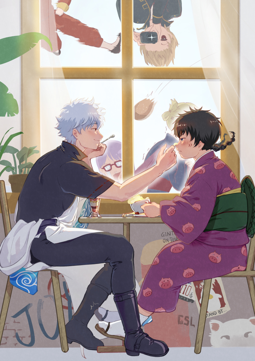 2boys 4girls absurdres black_boots black_hair black_pants black_shirt black_shoes blonde_hair blue_kimono boots braid camera cccccchensilu chair commentary commentary_request crying curtains eating food food_on_face genderswap genderswap_(mtf) gintama glasses green_sash grey_hair hadanugi_dousa hetero highres hijikata_tenko hijikata_toushirou holding holding_camera holding_spoon ice_cream indoors japanese_clothes kagura_(gintama) kimono long_sleeves looking_at_another male_focus mayonnaise multiple_boys multiple_girls obi okita_sougo on_chair open_kimono open_mouth pants parfait plant potted_plant profile purple_hair purple_kimono red-framed_eyewear red_pants red_sash sakata_gintoki sandals sarutobi_ayame sash shirt shoes short_hair short_sleeves sitting spoon table tsukuyo_(gintama) twin_braids upside-down window