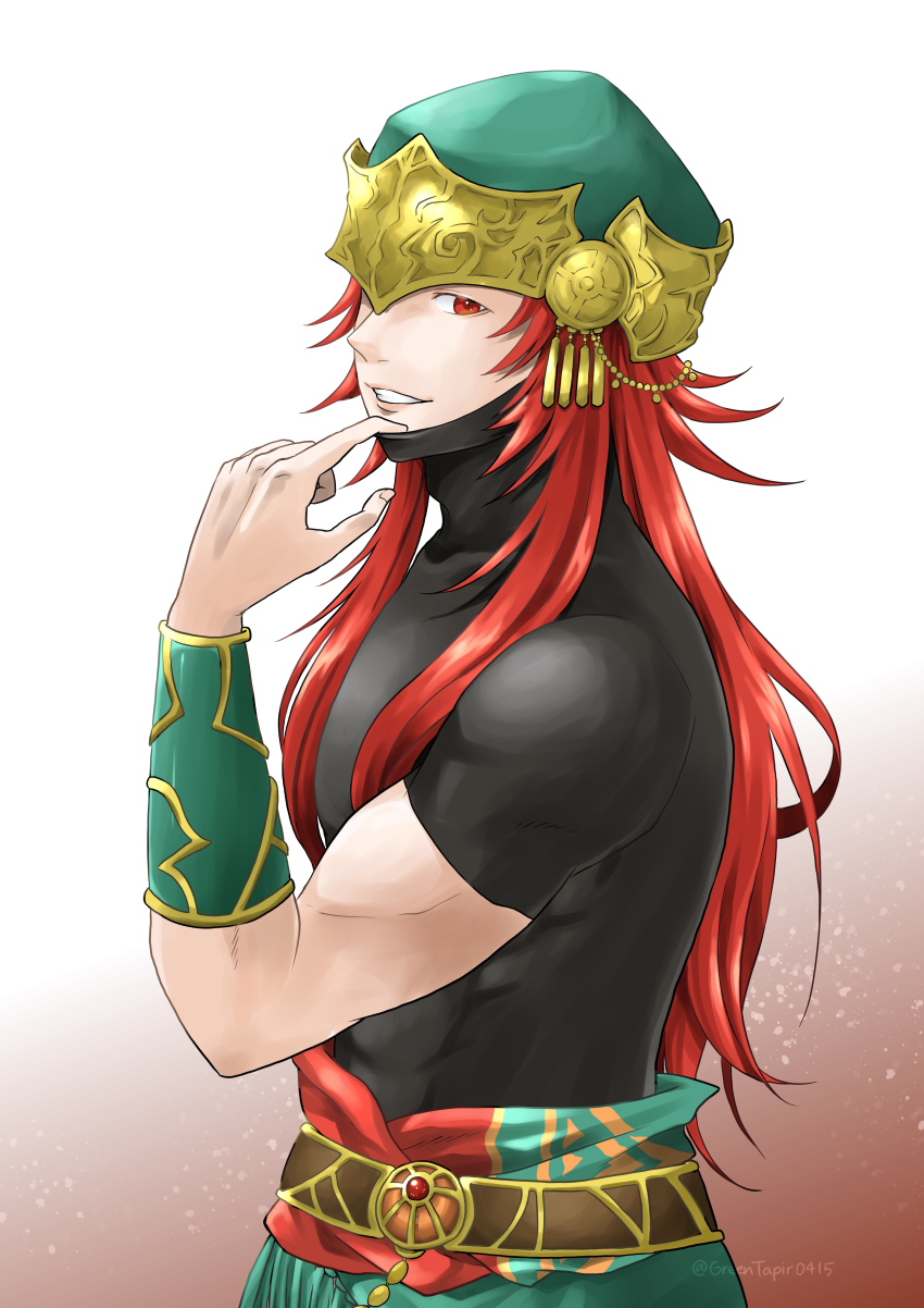 1boy absurdres brown_background commentary_request fire_emblem fire_emblem:_the_sacred_stones fire_emblem_heroes helmet highres joshua_(fire_emblem) joshua_(resolute_tempest)_(fire_emblem) long_hair looking_at_viewer male_focus midori_no_baku nintendo official_alternate_costume red_eyes red_hair simple_background smile solo teeth toned toned_male white_background