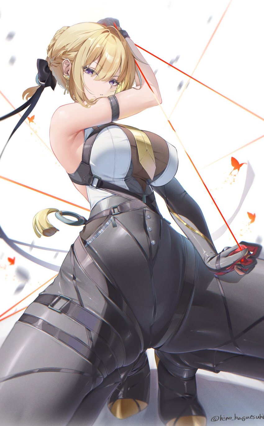 1girl arm_strap armpit_crease black_gloves black_pants blonde_hair breasts chest_harness commentary elbow_gloves evelyn_chevalier gloves hair_up harness high-waist_pants highres hino_kagutsuki large_breasts long_hair long_ribbon looking_at_viewer necktie pants parted_lips purple_eyes ring_hair_ornament single_elbow_glove solo spread_legs squatting thread tight_clothes tight_pants white_background yellow_necktie zenless_zone_zero