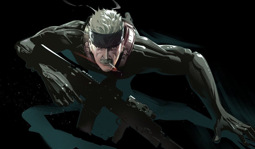 1boy assault_rifle black_bodysuit bodysuit cigarette cofffee facial_hair gloves grey_hair gun headband holding holding_gun holding_weapon looking_at_viewer m4_carbine male_focus metal_gear_(series) metal_gear_solid_4:_guns_of_the_patriots mustache old_snake rifle short_hair simple_background skin_tight solid_snake solo suppressor weapon white_hair