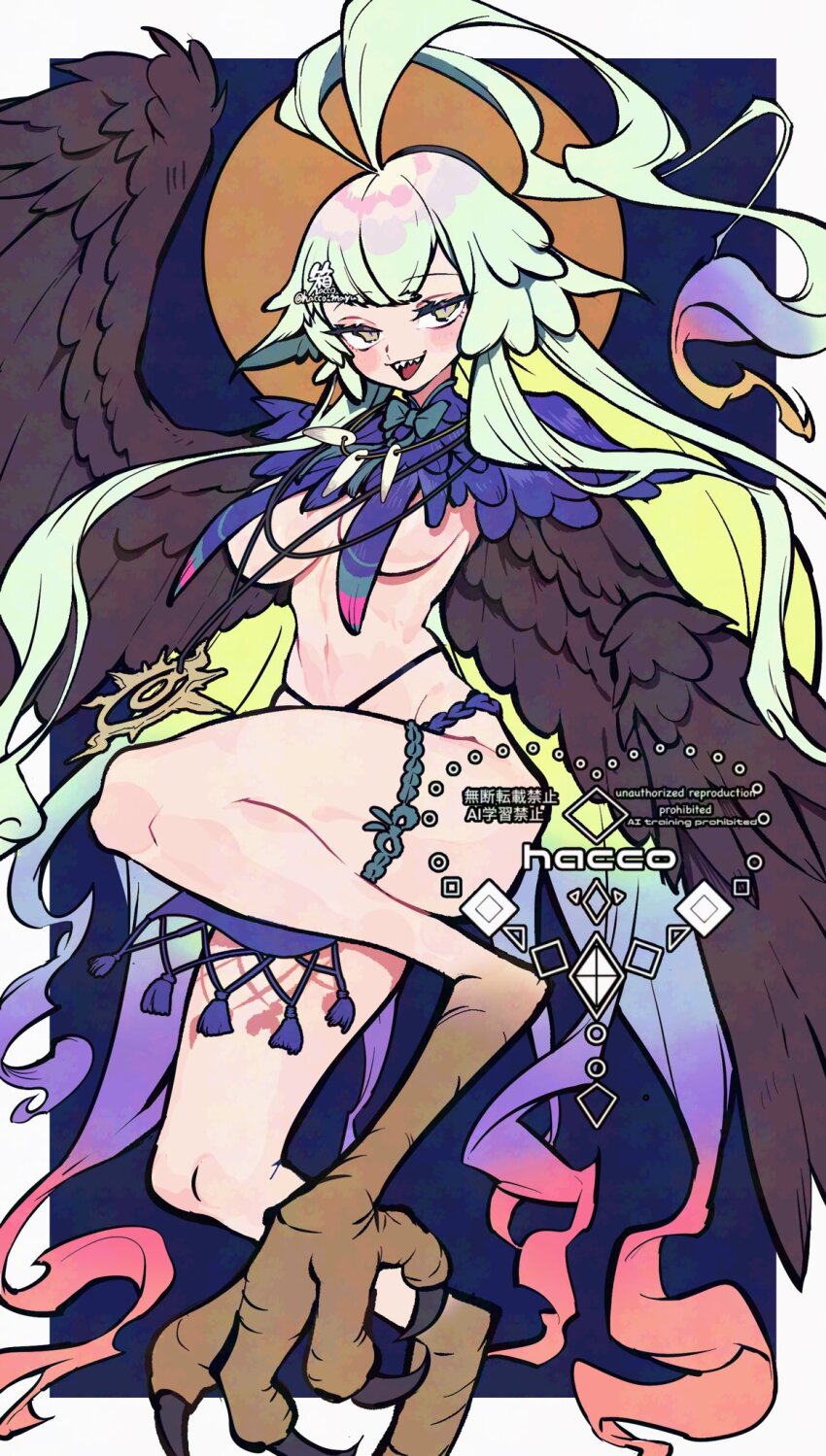 1girl ahoge bird_legs blush bow breasts fate/grand_order fate_(series) feathered_wings feathers fundoshi hacco_mayu harpy highres japanese_clothes jewelry large_breasts long_hair looking_at_viewer louhi_(fate) louhi_(third_ascension)_(fate) monster_girl navel necklace open_mouth sharp_teeth sidelocks smile solo teeth thighs underboob white_eyes white_hair winged_arms wings