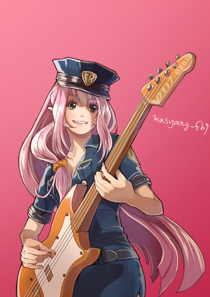 1girl blue_shirt blue_skirt floating_hair gradient_background green_eyes grin guitar hat highres instrument long_hair macross macross_7 music mylene_jenius pencil_skirt pink_background pink_hair playing_instrument pointy_ears police police_hat police_uniform policewoman ryu_(masu_nantoka-san) shirt short_sleeves skirt smile solo very_long_hair