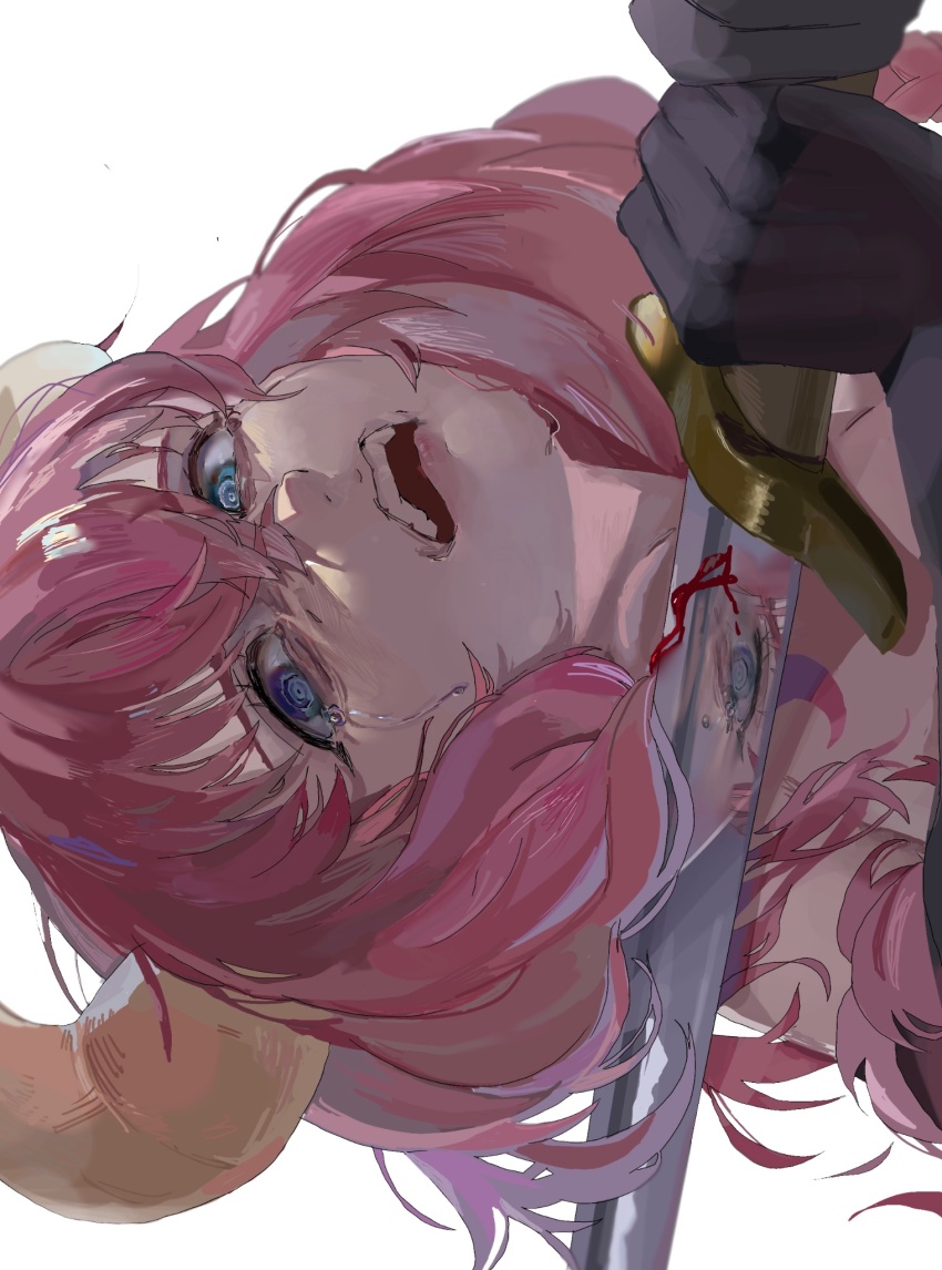 1girl aura_(sousou_no_frieren) black_gloves blood blue_eyes body_control crying crying_with_eyes_open cutting_hair demon_girl demon_horns despair female_focus gloves hair_between_eyes highres holding holding_sword holding_weapon horns imminent_suicide long_hair mepo_1 pink_hair reflection sideways simple_background solo sousou_no_frieren spoilers sword sword_to_throat tears teeth upper_teeth_only weapon white_background yellow_horns