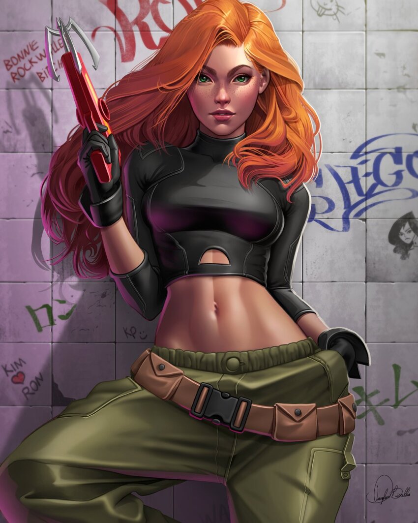 1girl belt black_gloves black_shirt breasts brown_belt douglas_bicalho gloves graffiti grappling_gun green_eyes green_pants gun highres holding holding_gun holding_weapon kim_possible kim_possible_(series) long_hair looking_at_viewer medium_breasts midriff navel orange_hair pants shirt solo weapon