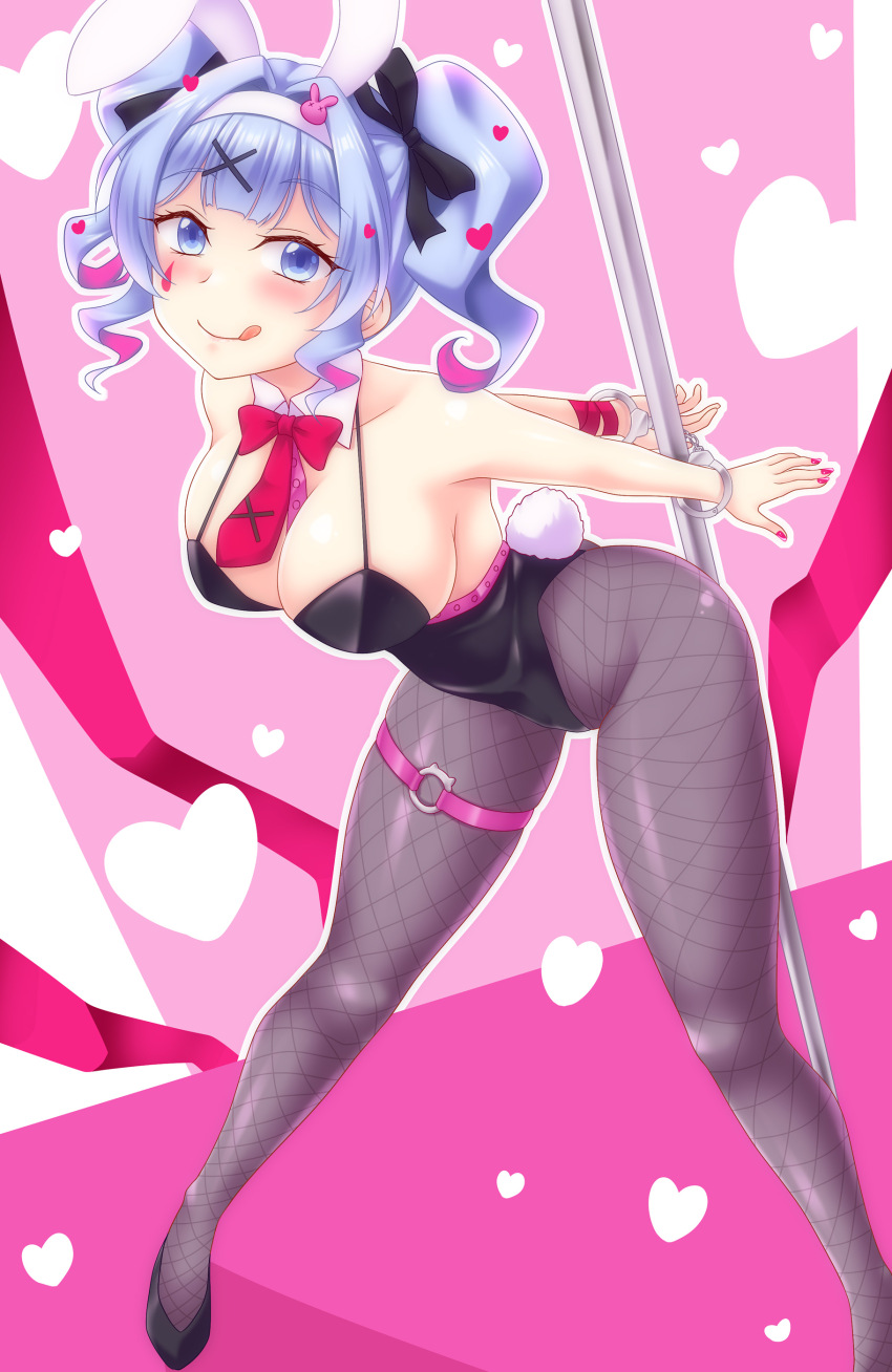 1girl :q absurdres animal_ears arms_behind_back bare_shoulders bent_over black_leotard blue_eyes blue_hair blush breasts cleavage closed_mouth cuffs fishnet_pantyhose fishnets full_body hair_between_eyes hair_ornament hairband handcuffs hatsune_miku heart heart_background heart_hair_ornament high_heels highres large_breasts leaning_forward legs_apart leotard licking_lips medium_breasts medium_hair multicolored_hair nail_polish necktie pantyhose pink_hair pink_nails pink_necktie pole rabbit_ears rabbit_hole_(vocaloid) rabbit_tail restrained short_necktie smile solo spread_legs standing streaked_hair stripper_pole tail thighs tongue tongue_out twintails two-tone_hair utomo vocaloid white_hairband x_hair_ornament