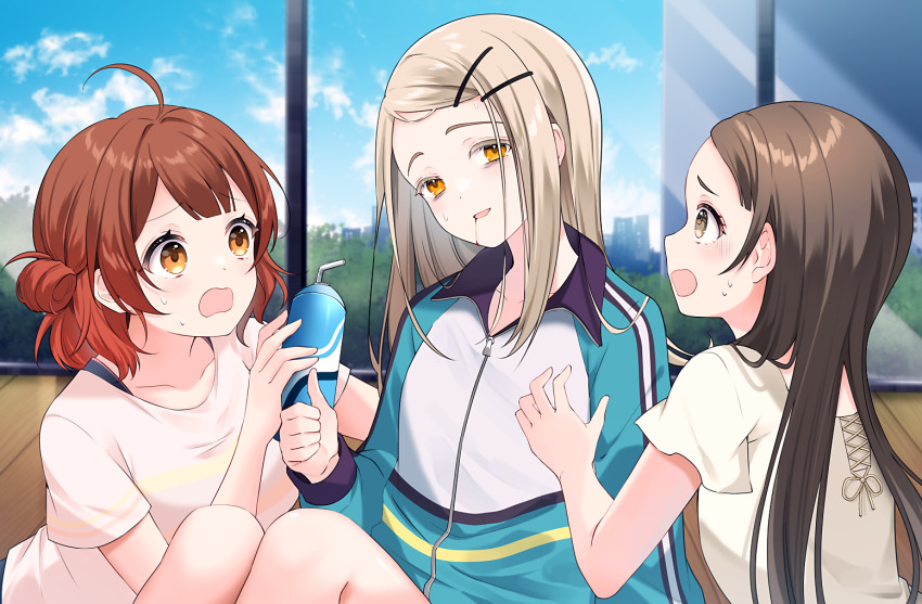 3girls :o ahoge bags_under_eyes blood blood_from_mouth blush brown_hair commentary_request gakuen_idolmaster hair_bun hanami_ume haruhitooo head_tilt idolmaster indoors jacket kuramoto_china light_brown_hair looking_at_another looking_at_viewer multiple_girls orange_hair partially_unzipped shinosawa_hiro short_sleeves single_side_bun sitting straight_hair sweatdrop thumbs_up track_jacket