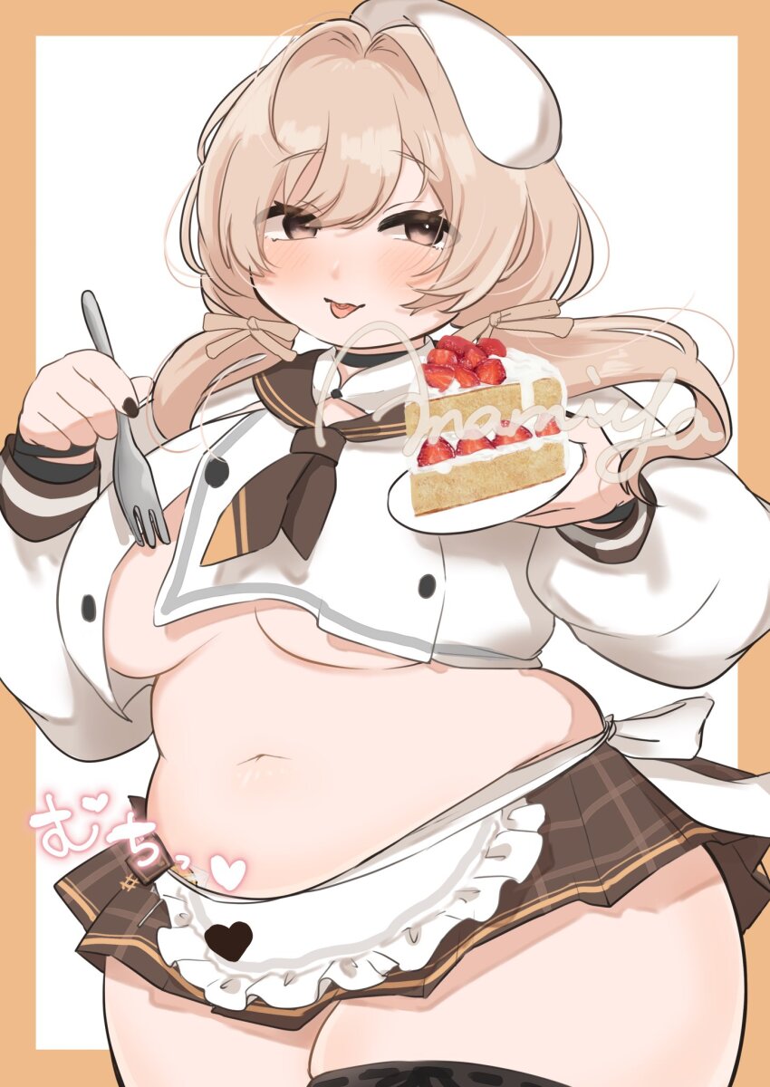 1girl apron artist_name ascot belly beret black_nails black_thighhighs blush bready_(nikke) breasts brown_eyes brown_hair brown_skirt cake cake_slice candy choker crop_top etoile_amamiya food fork goddess_of_victory:_nikke hair_over_shoulder hair_ribbon hat heart highres holding holding_food holding_fork holding_plate large_breasts light_brown_hair lollipop low_twintails medium_hair midriff miniskirt muffin_top navel plate plump revealing_clothes ribbon shirt sideboob skirt solo standing strawberry_shortcake thick_thighs thighhighs thighs tongue tongue_out twintails white_hat white_shirt wristband