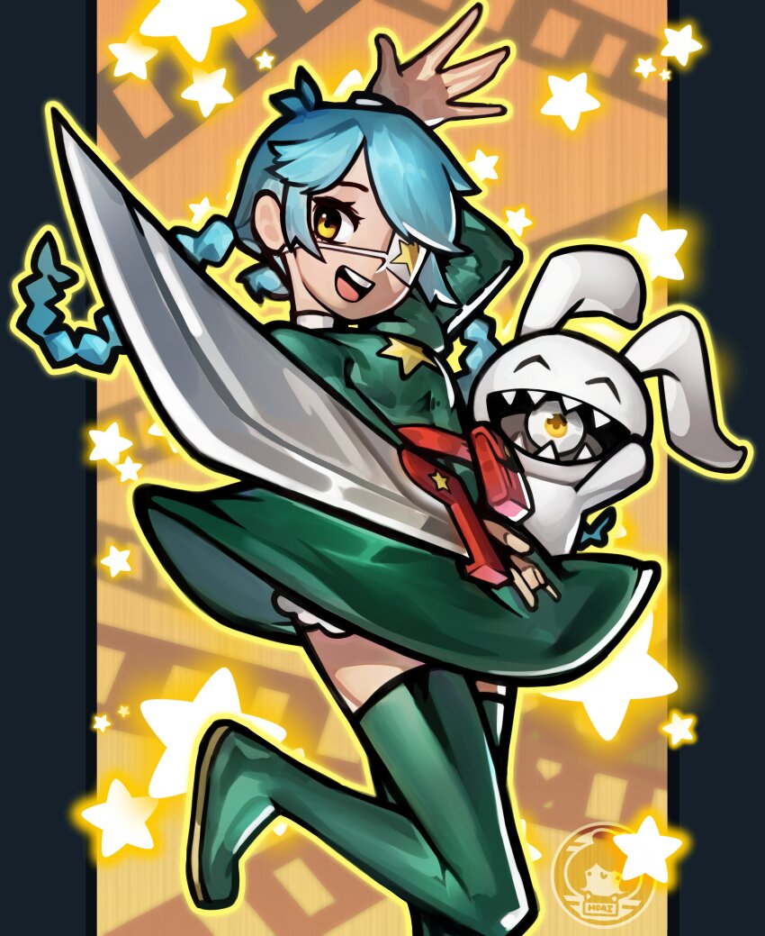 1girl absurdres annie_(skullgirls) belt_pouch black_border bloomers blue_hair boots border braid dress eyepatch film_strip highres hoai_vu holding holding_sword holding_weapon open_mouth pouch sagan_(skullgirls) short_dress skullgirls smile solo star_(symbol) stuffed_animal stuffed_rabbit stuffed_toy sword thigh_boots twin_braids underwear weapon yellow_background yellow_eyes