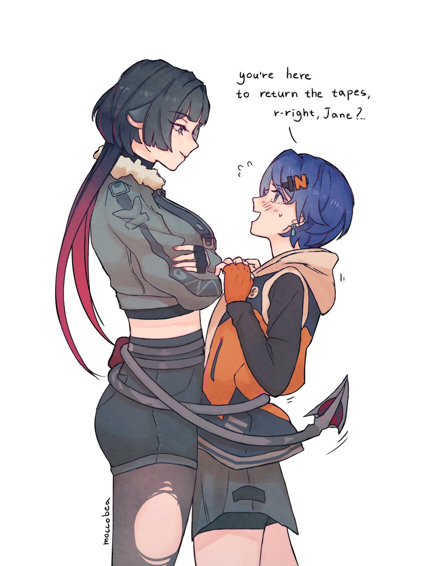 2girls absurdres animal_ears belle_(zenless_zone_zero) black_gloves black_hair black_pantyhose black_shirt black_shorts black_skirt blue_hair blush closed_mouth commentary earrings english_commentary english_text fingerless_gloves flying_sweatdrops gloves gradient_hair height_difference highres hood hooded_vest hoodie jane_doe_(zenless_zone_zero) jewelry long_hair looking_at_another moccobea mouse_ears mouse_tail multicolored_hair multiple_girls open_mouth orange_gloves orange_hoodie pantyhose red_hair red_nails shirt short_hair shorts simple_background skirt smile tail tail_around_waist torn_clothes torn_pantyhose vest white_background yuri zenless_zone_zero