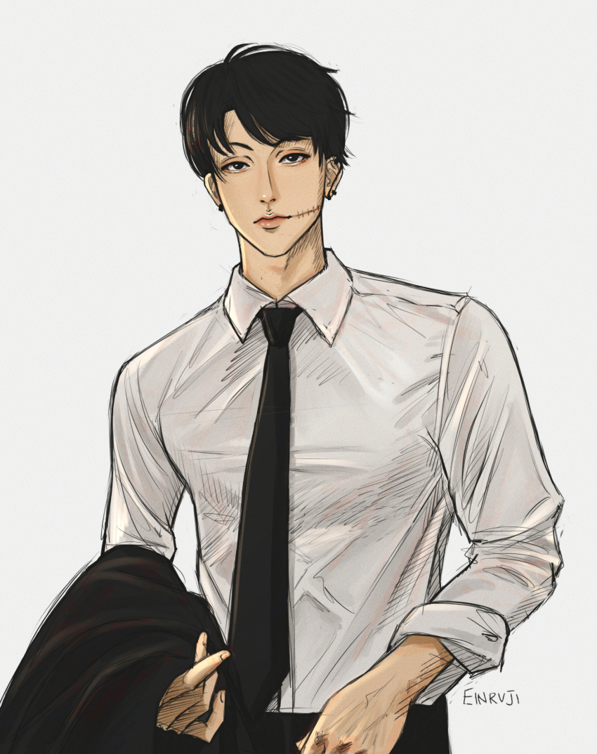 1boy artist_name asymmetrical_bangs black_eyes black_hair black_jacket black_necktie black_pants black_suit chainsaw_man closed_mouth collared_shirt commentary dress_shirt ear_piercing earrings einruji finger_heart formal_clothes glasgow_smile highres holding holding_unworn_clothes jacket jewelry kishibe_(chainsaw_man) kishibe_(young)_(chainsaw_man) lips long_sleeves looking_at_viewer male_focus multiple_piercings necktie nose pants parted_bangs piercing shirt short_hair simple_background sketch three-quarter_sleeves sleeves_rolled_up solo stitched_face stitches suit swept_bangs upper_body white_background white_shirt