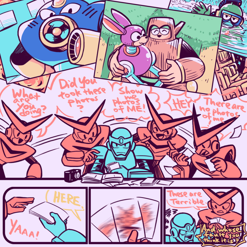 5boys air_man bubble_man camera comic english_text engrish_text flash_man highres holding holding_photo humanoid_robot laser-lance mega_man_(classic) mega_man_(series) mega_man_2 multiple_boys photo_(object) quick_man ranguage robot speech_bubble wood_man