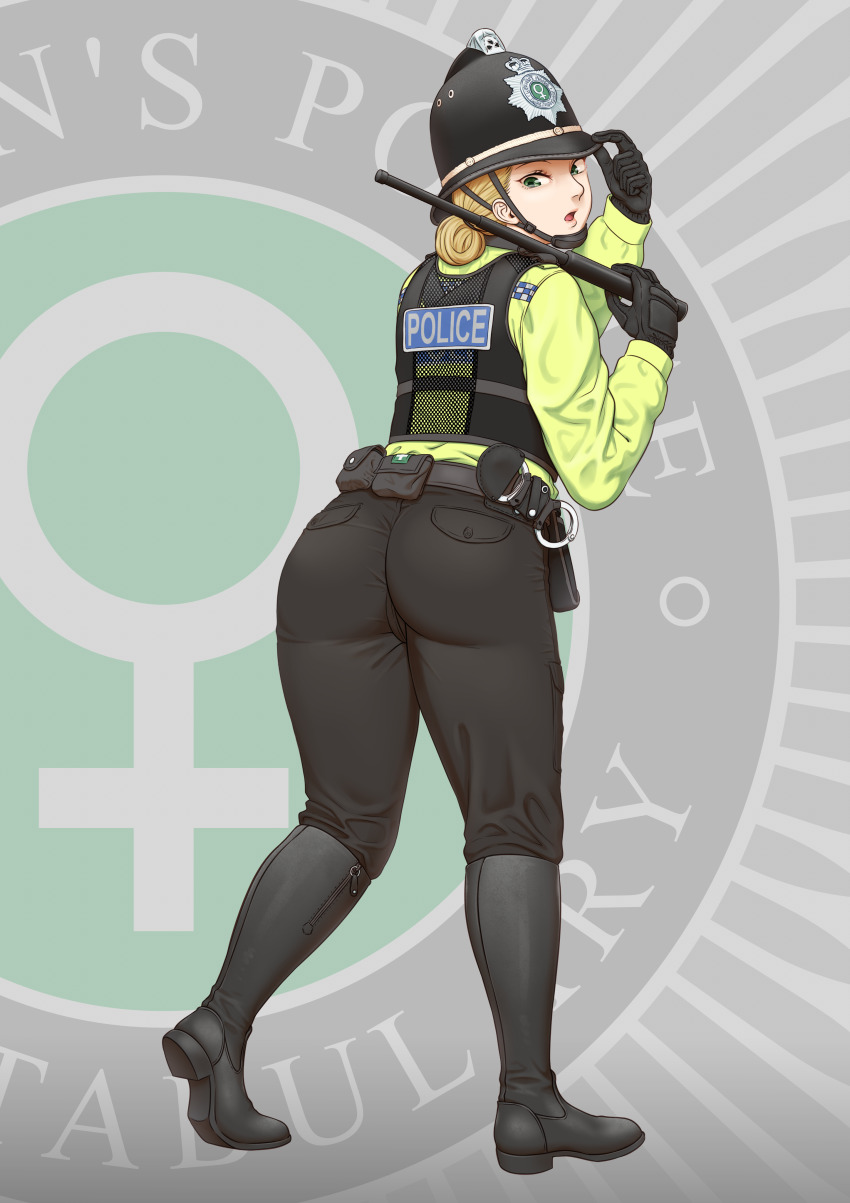 1girl absurdres anoni-chan ass ass_focus badge baggy_pants baton_(weapon) belt belt_pouch black_belt black_footwear black_gloves black_hat black_helmet black_vest blonde_hair boots cameltoe chin_strap commission commissioner_upload cuffs custodian_helmet from_behind gloves green_hair green_jacket handcuffs hat helmet highres holding holding_unworn_clothes holding_unworn_hat jacket looking_at_viewer looking_back military_combat_uniform military_uniform original pants police police_badge police_hat police_uniform policewoman pouch riding_boots simple_background surprised tactical_clothes united_kingdom unworn_hat unworn_headwear venus_symbol vest weapon