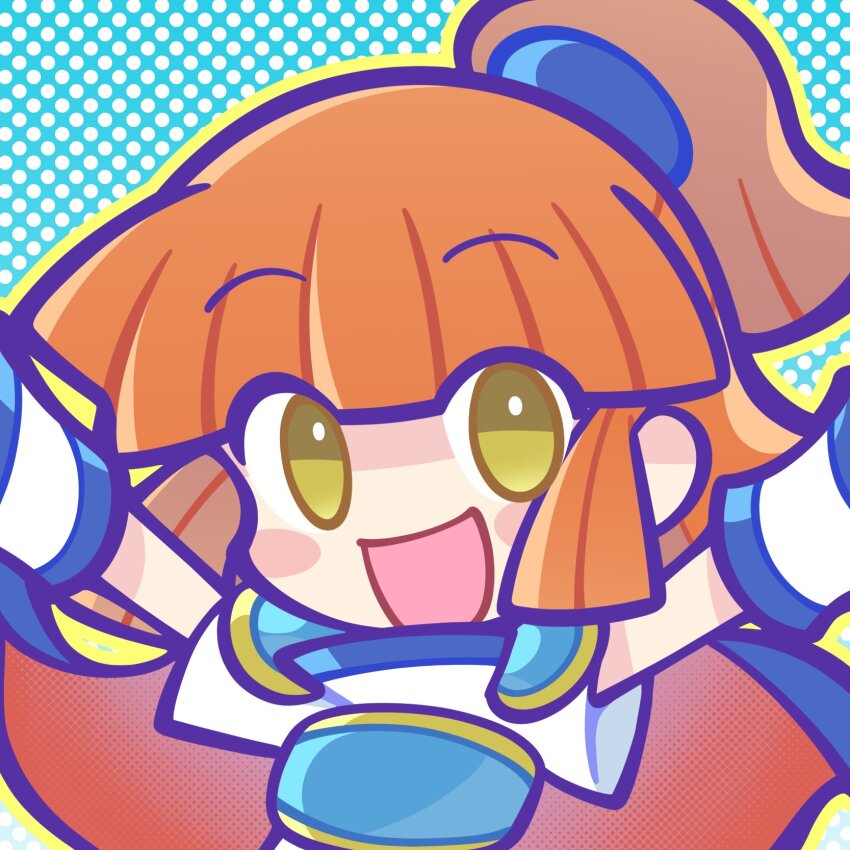1girl aqua_background arle_nadja armor arms_up blue_scrunchie blunt_bangs blunt_ends blush_stickers breastplate cape chibi chibi_only detached_sleeves floating_cape food-themed_hair_ornament hair_ornament halftone halftone_background happy highres leslietheluna looking_at_viewer no_nose no_pupils open_mouth orange_hair_ornament outline pauldrons ponytail portrait puyopuyo puyopuyo_20th_anniversary raised_eyebrows red_cape scrunchie shirt short_sleeves shoulder_armor sidelocks solo two-tone_background white_background white_shirt yellow_eyes yellow_outline