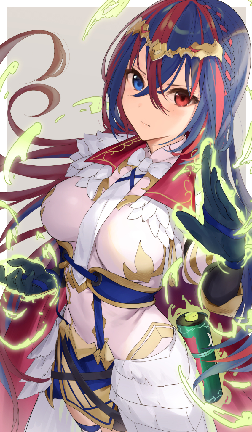 1girl black_gloves blue_eyes blue_hair border breasts circlet commentary_request cowboy_shot female_alear_(awoken_divinity)_(fire_emblem) female_alear_(fire_emblem) fire_emblem fire_emblem_engage fire_emblem_heroes gloves grey_background haru_(nakajou-28) heterochromia highres large_breasts long_hair multicolored_hair nintendo official_alternate_costume outside_border red_eyes red_hair scroll shirt solo standing streaked_hair very_long_hair white_border white_shirt
