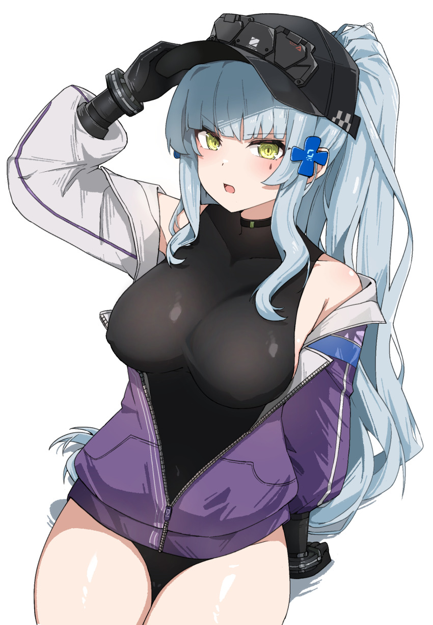 1girl adjusting_clothes adjusting_headwear arm_support baseball_cap black_hat black_leotard blue_hair blush breasts commentary_request cross_hair_ornament girls&#039;_frontline girls&#039;_frontline_2:_exilium green_eyes hair_ornament hat highres hk416_(girls&#039;_frontline) jacket klukai_(girls&#039;_frontline_2) korean_commentary lancer_(worudrleh1) leotard long_hair looking_at_viewer multicolored_jacket off_shoulder open_mouth partially_unzipped ponytail purple_jacket simple_background solo tattoo teardrop_facial_mark teardrop_tattoo two-tone_jacket white_background white_jacket