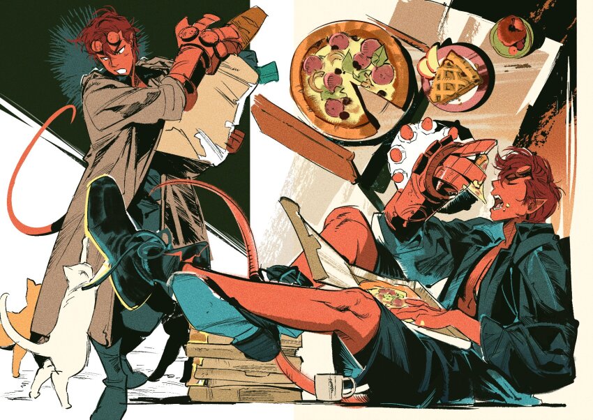 1boy atie1225 cat coat colored_skin food food_on_face hellboy hellboy_(comic) highres holding holding_food holding_pizza jacket male_focus pizza pizza_box pizza_slice red_skin shoes solo