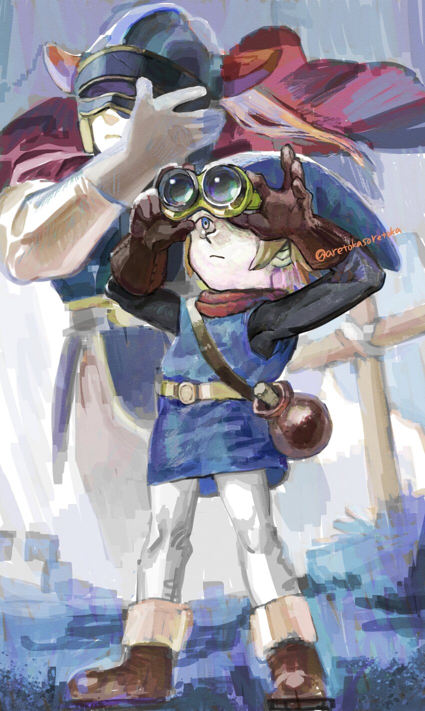 2boys absurdres adjusting_eyewear aretokasoretoka armor blue_armor blue_eyes blue_hat blue_tunic boots brown_footwear brown_gloves cape closed_mouth commentary_request cross dragon_quest dragon_quest_builders dragon_quest_i fake_horns frown gloves goggles hat helmet hero_(dq1) highres horned_helmet horns looking_up male_builder_(dqb) medium_hair multiple_boys neckerchief one_eye_covered pants red_cape red_neckerchief tombstone tunic twitter_username white_gloves white_pants
