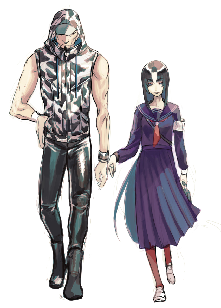 1boy 1girl armband bad_id bad_pixiv_id black_hair black_sclera blue_skirt bound bound_wrists breasts camouflage casual chained_wrists colored_sclera contemporary cuffs earrings facial_hair fate/grand_order fate_(series) goatee handcuffs height_difference highres hood hood_up hoodie hoop_earrings jewelry leather leather_pants long_hair long_skirt musashibou_benkei_(fate) muscular pants pleated_skirt red_legwear rokkotsu school_uniform serafuku single_earring skirt sleeveless sleeveless_hoodie small_breasts straight_hair ushiwakamaru_(fate) very_long_hair walking