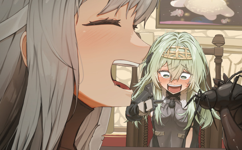 2girls absurdres ariari bandaged_head bandages black_bodysuit blush bodysuit breasts doro_(nikke) fork gloves goddess_of_victory:_nikke green_hair grey_hair grey_leotard hair_between_eyes hairband highres indoors kilo_(nikke) leotard long_hair long_sleeves metal_hairband modernia_(nikke) modernia_(second_affection)_(nikke) multiple_girls open_mouth sitting small_breasts tarantula tearing_up wavy_mouth