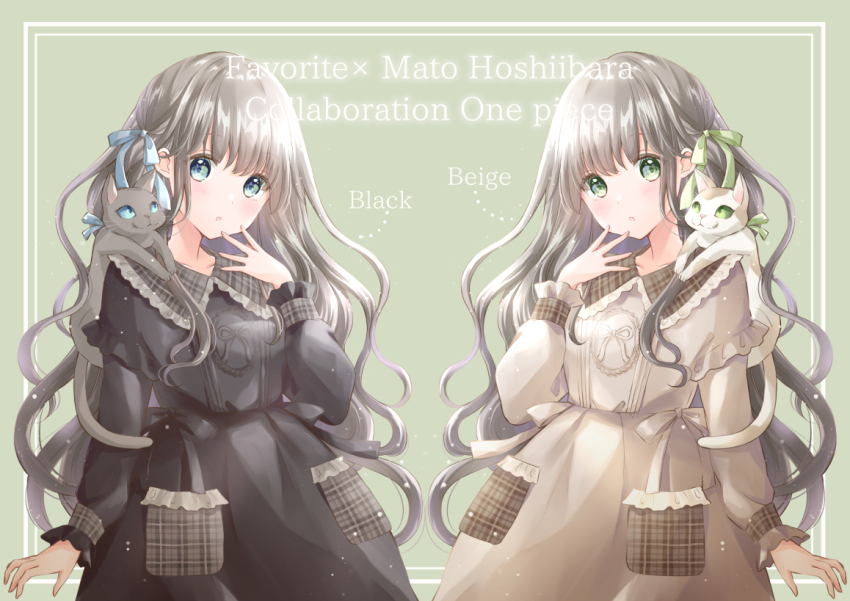 2girls artist_name black_dress blue_eyes blue_ribbon brown_dress cat commentary_request copyright_name dress english_text favorite_(company) green_background green_eyes green_ribbon grey_hair hair_ribbon hoshiibara_mato long_hair long_sleeves merchandise_available multiple_girls original pocket ribbon sleeves_past_wrists