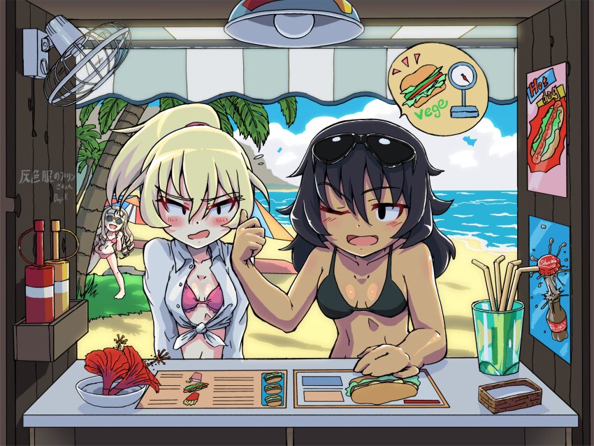 3girls absurdres alternate_hairstyle andou_(girls_und_panzer) beach bikini bikini_under_clothes black_bikini black_hair blush breasts burger cloud collarbone collared_shirt commission dark-skinned_female dark_skin dress_shirt drinking_straw electric_fan eyewear_on_head flower food food_truck girls_und_panzer hair_tie hawaii highres hot_dog kuroneko_douji lamp long_hair marie_(girls_und_panzer) medium_hair menu_board multiple_girls orchid oshida_(girls_und_panzer) palm_tree parasol pink_bikini ponytail sauce shirt soda_bottle sunglasses sweatdrop swimsuit swimsuit_cover-up tied_shirt tree tropical umbrella wavy_hair white_shirt