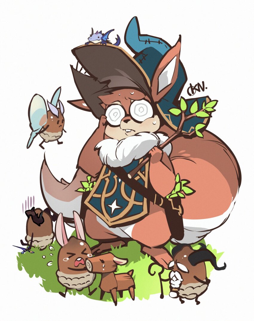 1girl afk_(series) afk_arena animal_ears artist_name barefoot buck_teeth closed_mouth commentary_request furry furry_female highres holding holding_stick okn_369 on_grass pippa_(afk) round_eyewear squirrel_ears squirrel_girl squirrel_tail stick sweat tail teeth white_background