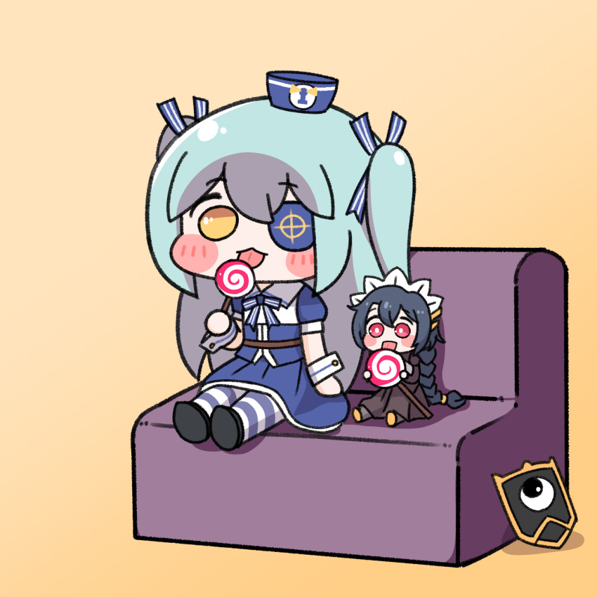 2girls aged_down alterkero aqua_hair black_hair black_wyrm_(last_origin) blush_stickers braid braided_ponytail candy chibi couch dress eyepatch food gradient_background hat highres last_origin licking lollipop lrl_(last_origin) maid_headdress mini_black_wyrm_(last_origin) multiple_girls red_eyes sailor_dress sailor_hat shield sitting striped_clothes striped_thighhighs thighhighs two_side_up wrist_cuffs yellow_eyes