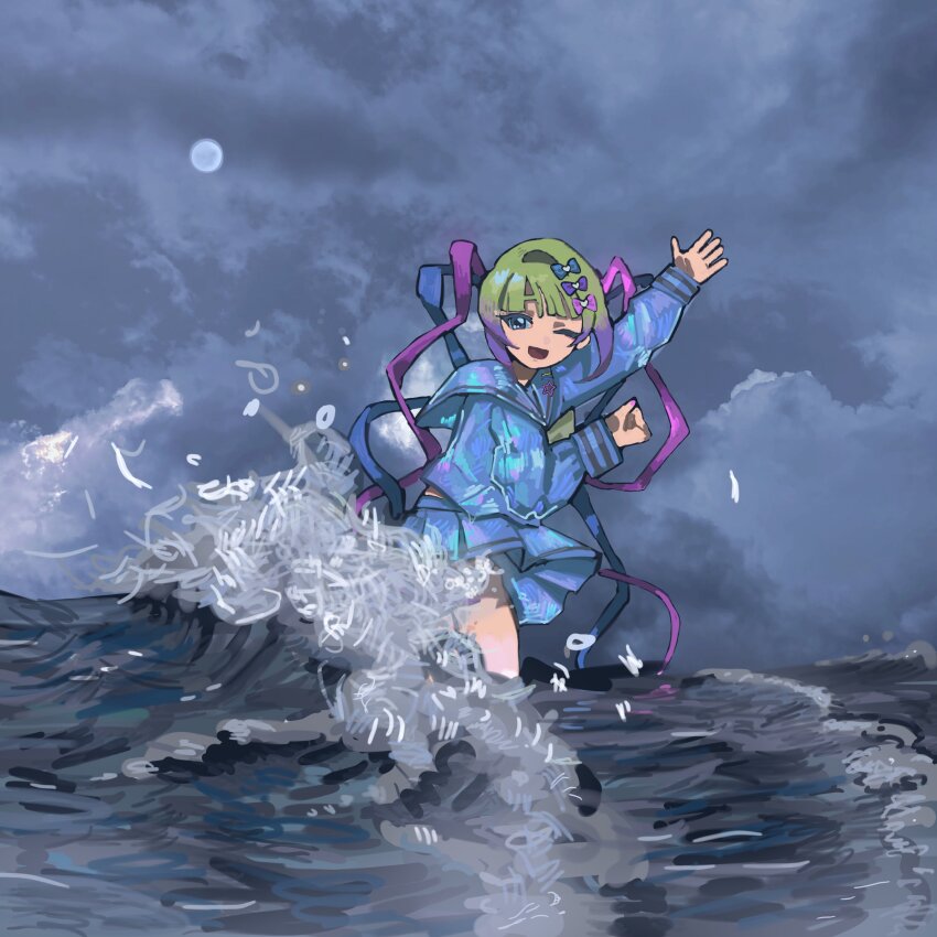1girl ;d absurdres arm_up blonde_hair blue_eyes blue_hair blue_serafuku bow chouzetsusaikawa_tenshi-chan clenched_hand colored_tips convenient_censoring dark full_body full_moon hair_bow highres looking_at_viewer moon multicolored_hair multiple_hair_bows needy_girl_overdose night one_eye_closed open_mouth pink_hair pink_nails quad_tails school_uniform serafuku smile solo sparkling_eyes surfboard surfing upskirt uzume_(uzm0) waving