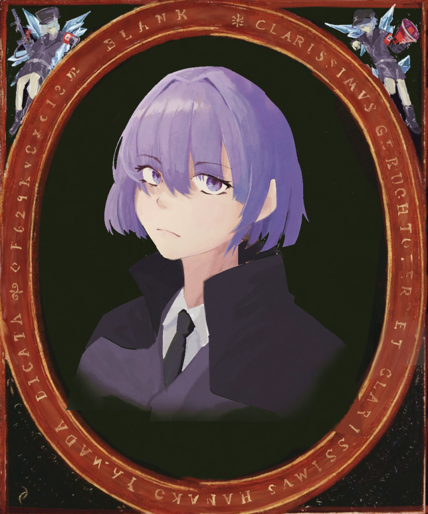3girls armband black_coat black_necktie broken_heart_print closed_mouth coat collared_shirt commentary_request cookie_(touhou) ein_(cookie) expressionless fine_art_parody geru_futota grey_hair gun hair_between_eyes highres holding holding_gun holding_megaphone holding_weapon ice izayoi_sakuya latin_text looking_at_viewer megaphone multiple_girls necktie nostradamus parody portrait portrait_of_michel_de_nostredame remilia_scarlet shavin65_(style) shirt short_hair solo_focus style_parody touhou translation_request weapon white_shirt whiterolo zwei_(cookie)