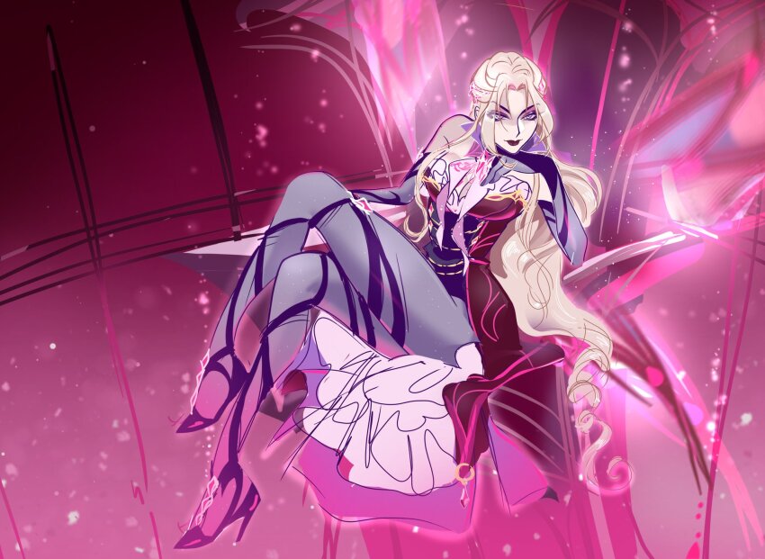 1girl bad_id bad_twitter_id beads blonde_hair breasts bridal_gauntlets chocofish cleavage closed_mouth collared_dress commentary diamond_(gemstone) dress drill_hair elbow_gloves english_commentary expressionless eyelashes eyeshadow fairy fairy_wings frilled_dress frills full_body gem genderswap genderswap_(mtf) gloves grey_gloves grey_pantyhose hair_beads hair_ornament hand_on_own_chin high_collar high_heels highres indoors leg_ribbon leotard light_particles lipstick long_hair long_sidelocks magical_girl makeup medium_dress nail_polish on_throne open_clothes open_dress pantyhose parted_bangs pink_eyeshadow pink_gemstone purple_bridal_gauntlets purple_eyes purple_leotard purple_lips purple_nails purple_ribbon purple_shoes red_dress red_wings ribbon see-through_clothes see-through_gloves shoes sidelocks sitting sleeveless sleeveless_dress solo stiletto_heels transparent_wings valtor_(winx_club) very_long_hair wavy_hair wings winx_club