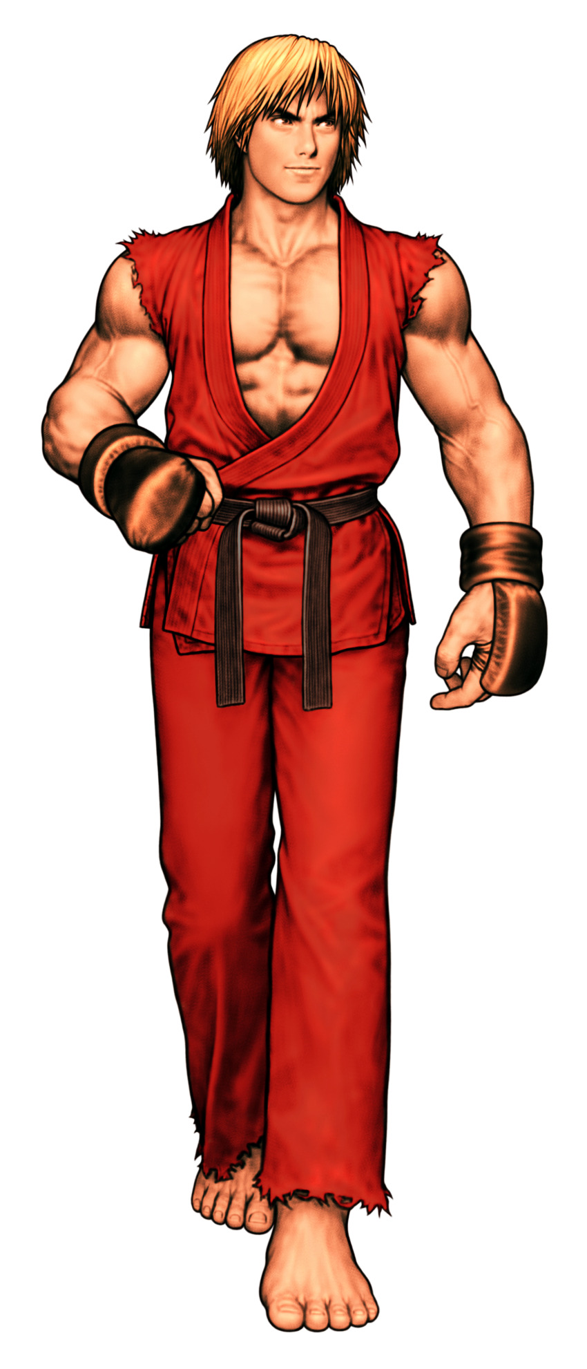 1boy absurdres barefoot blonde_hair blue_eyes capcom capcom_vs_snk_2 dougi facing_viewer fingerless_gloves game_cg gloves highres karate_gi ken_masters looking_to_the_side male_focus martial_arts_belt mma_gloves mori_toshiaki muscular muscular_male non-web_source official_art pectorals sleeveless smile street_fighter third-party_source veins veiny_arms walking white_background