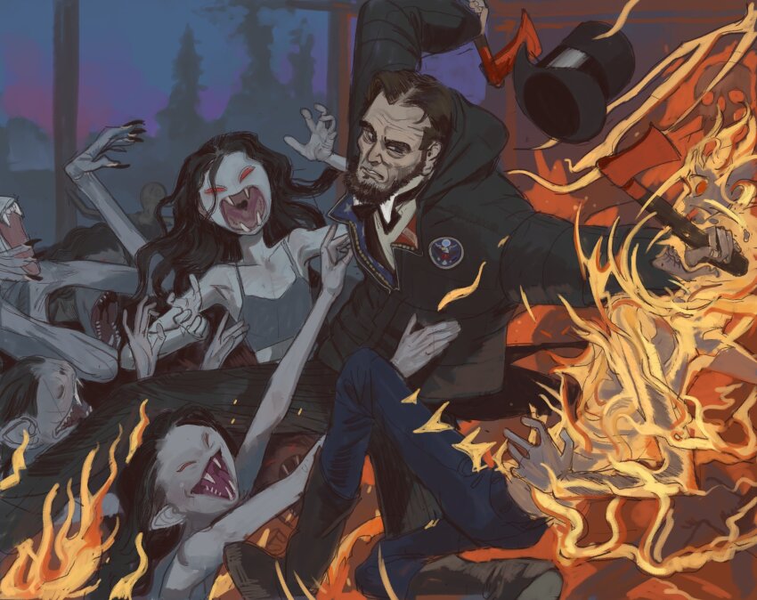 1boy 6+girls abraham_lincoln abraham_lincoln:_vampire_hunter adventure_time axe beard black_eyes black_hair burning clone crop_top crossover facial_hair fangs fighting fingernails fire hat hatchet highres holding holding_axe jacket long_fingernails long_hair looking_at_another marceline_abadeer matching_hair/eyes mossacannibalis multiple_girls night open_mouth pointy_ears reaching red_eyes short_hair skull sky teeth top_hat tree vampire zipper