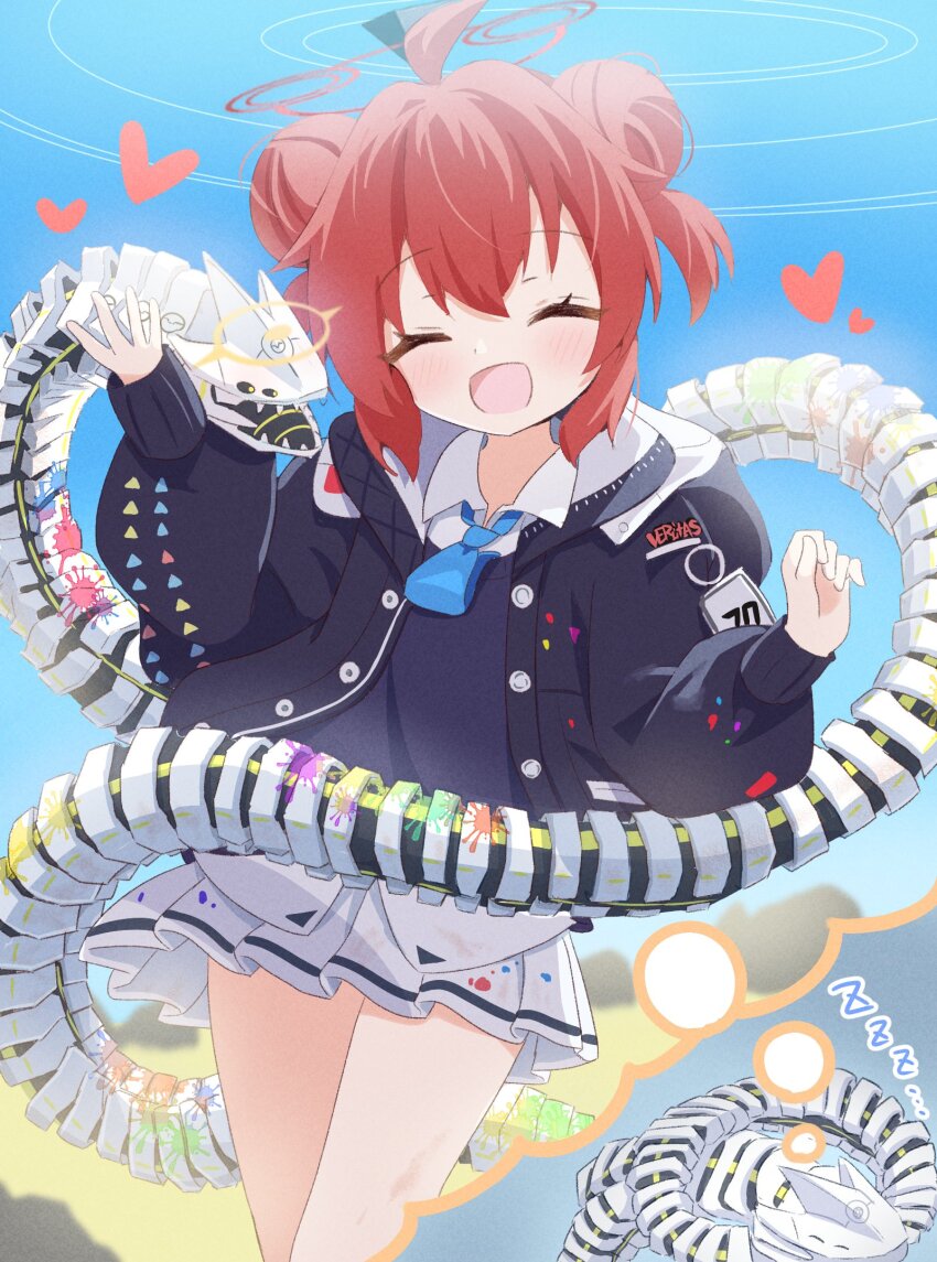 1girl binah_(blue_archive) blue_archive hair_bun halo highres holding maki_(blue_archive) mikumiku37 necktie open_mouth red_hair shirt skirt smile white_shirt