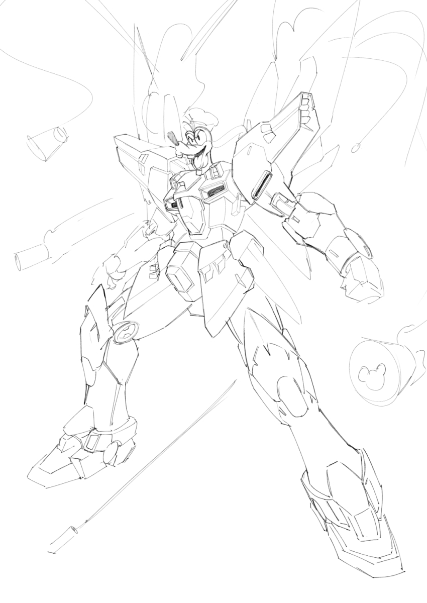 clenched_hand cosmikaizer disney fusion goofy greyscale highres huckebein looking_ahead mecha mickey_mouse_&amp;_friends missile monochrome no_humans open_hand open_mouth pun robot science_fiction sketch solo super_robot_wars super_robot_wars_original_generation
