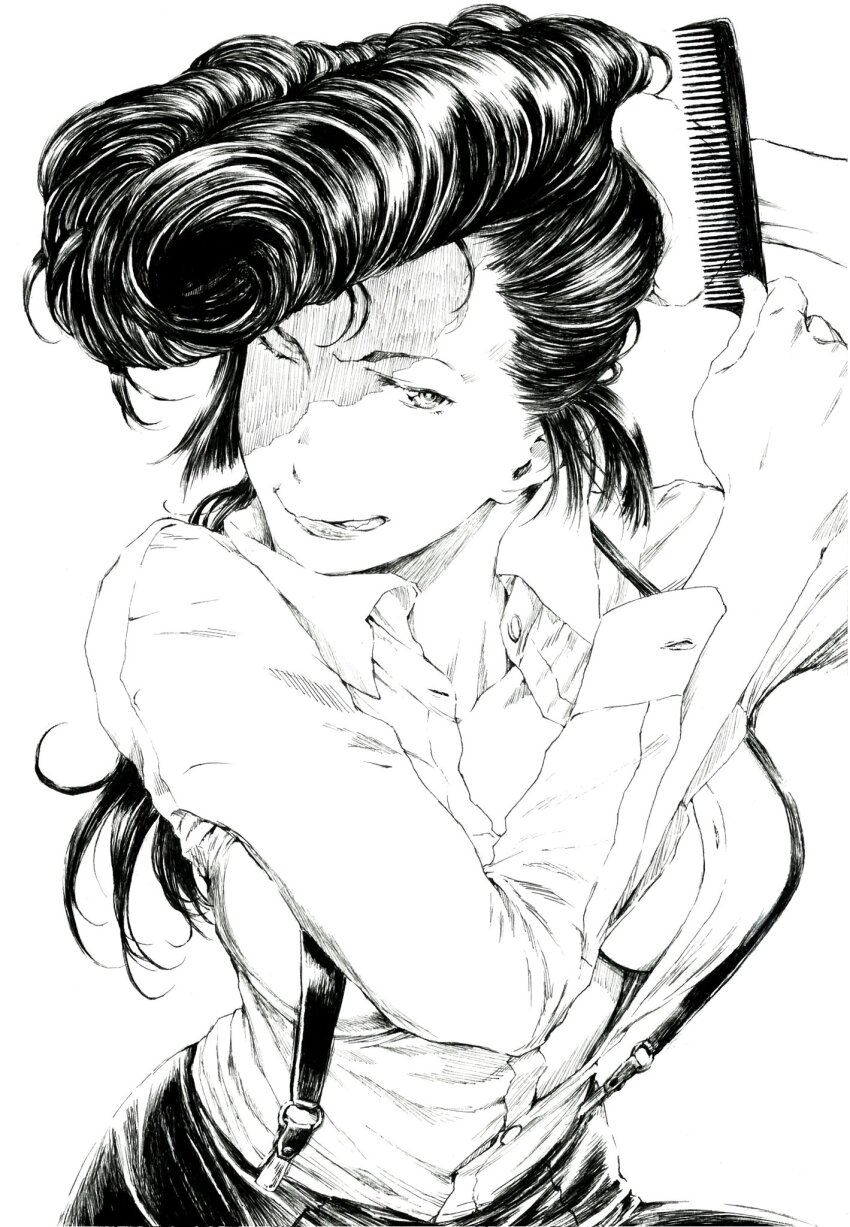 1girl arm_at_side breasts brushing_hair collarbone commentary_request cowboy_shot dress_shirt girls_und_panzer greyscale highres long_hair looking_at_viewer medium_breasts monochrome open_clothes open_shirt pants partially_unbuttoned pompadour sawamin shirt solo suspenders tongue tongue_out white_background yuri_(girls_und_panzer)