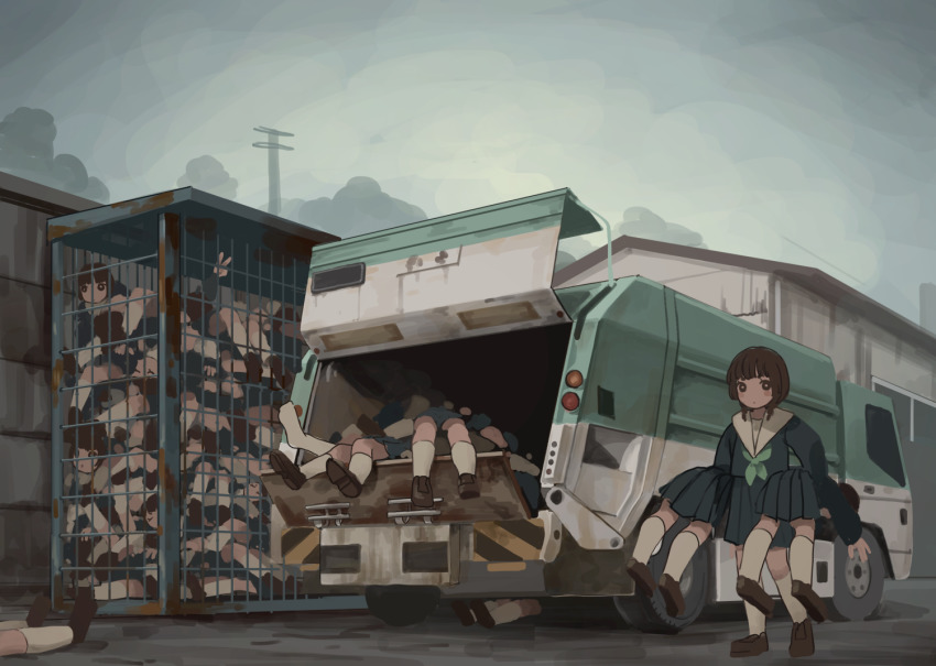6+girls bad_id bad_pixiv_id blue_skirt brown_hair building carrying clone garbage_truck loafers lying motor_vehicle multiple_girls original outdoors school_uniform shoes skirt socks tensen_(dotted_line) truck v walking what