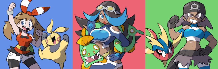 10s breasts carvanha gen_3_pokemon highres hip_focus huntail makuhita may_(pokemon) may_(pokemon_oras) midriff navel nintendo npc_trainer pokemon pokemon_(creature) pokemon_oras shelly_(pokemon) shelly_(pokemon_oras) shenanimation team_aqua team_aqua_grunt team_aqua_grunt_(female) team_aqua_grunt_(oras)