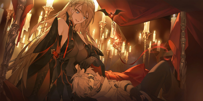 1boy 1girl alchemy_stars bats blonde_hair blue_eyes candlestand elbow_gloves gloves highres long_hair long_sleeves navigator_(alchemy_stars) transparent victoria_(alchemy_stars)