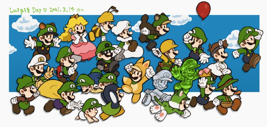 1boy baby_luigi balloon bee_mario blue_overalls brown_hair builder_luigi cat_luigi cloud cloud_luigi cosplay dr._luigi dr._luigi_(game) dr._mario_(game) facial_hair fire_luigi flying_squirrel_luigi gloves gooigi green_shirt hat highres kitsune_luigi luigi luigi&#039;s_mansion luigi&#039;s_mansion_3 luigi_(lederhosen) male_focus mario mario_(series) mario_bros. mario_kart mario_kart_tour mimimi_(mimimim9999) mr._l multiple_persona mustache new_super_mario_bros. new_super_mario_bros._2 new_super_mario_bros._u new_super_mario_bros._u_deluxe new_super_mario_bros._wii nintendo overalls paper_mario penguin_luigi poltergust_3000 princess_peach princess_peach_(cosplay) shirt short_hair solo super_crown super_mario_3d_land super_mario_3d_world super_mario_bros._1 super_mario_bros._3 super_mario_galaxy super_mario_galaxy_2 super_mario_maker_2 super_mario_odyssey super_mario_world super_mario_world_2:_yoshi&#039;s_island super_paper_mario