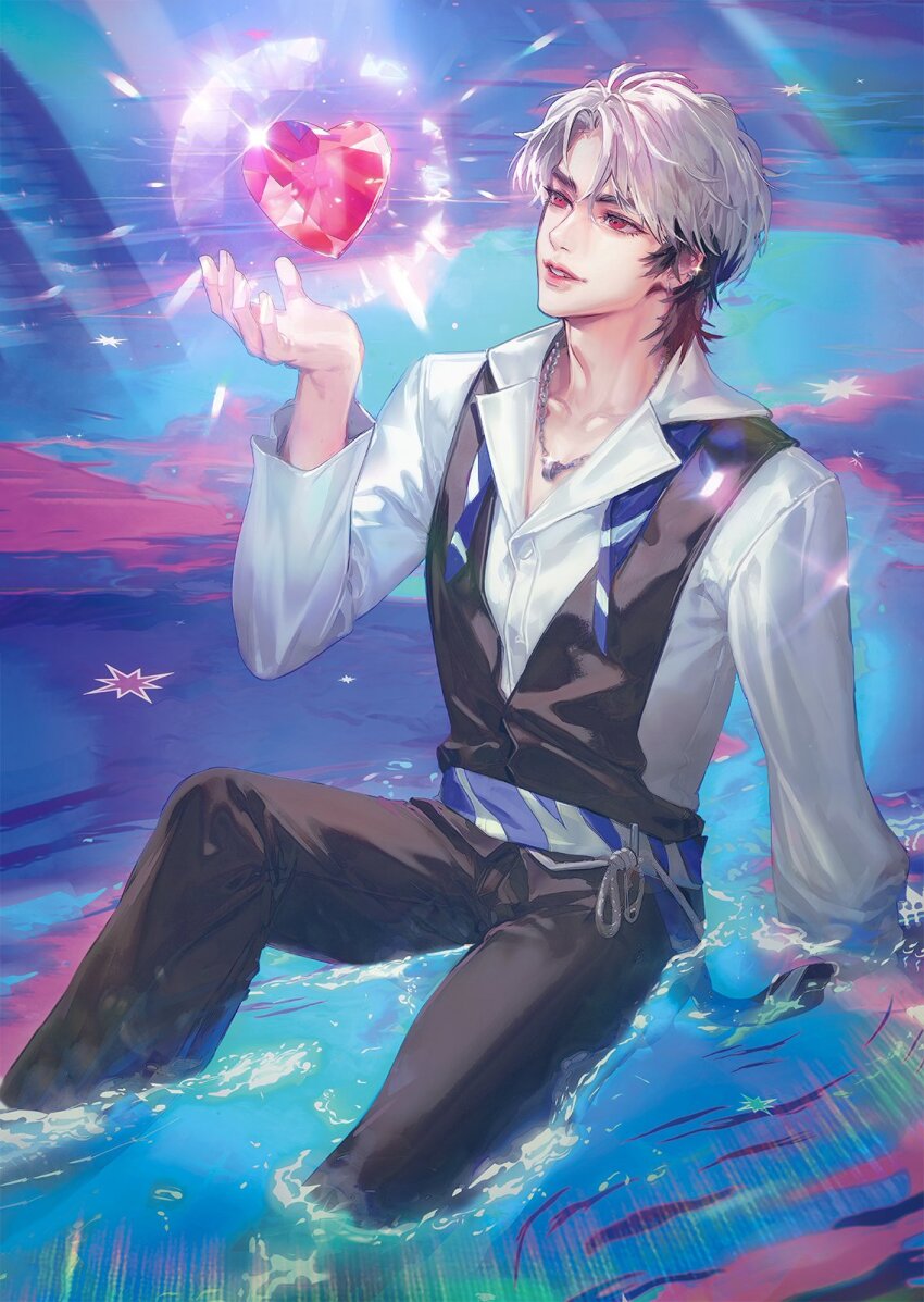 1boy arm_up black_pants black_vest bt_6924 eunho_(plave) heart highres jewelry k-pop korean_commentary light_rays long_sleeves looking_at_object male_focus multicolored_hair necklace necktie pants parted_bangs parted_lips plave red_eyes shirt short_hair sitting_on_water solo two-tone_hair undone_necktie vest water white_shirt